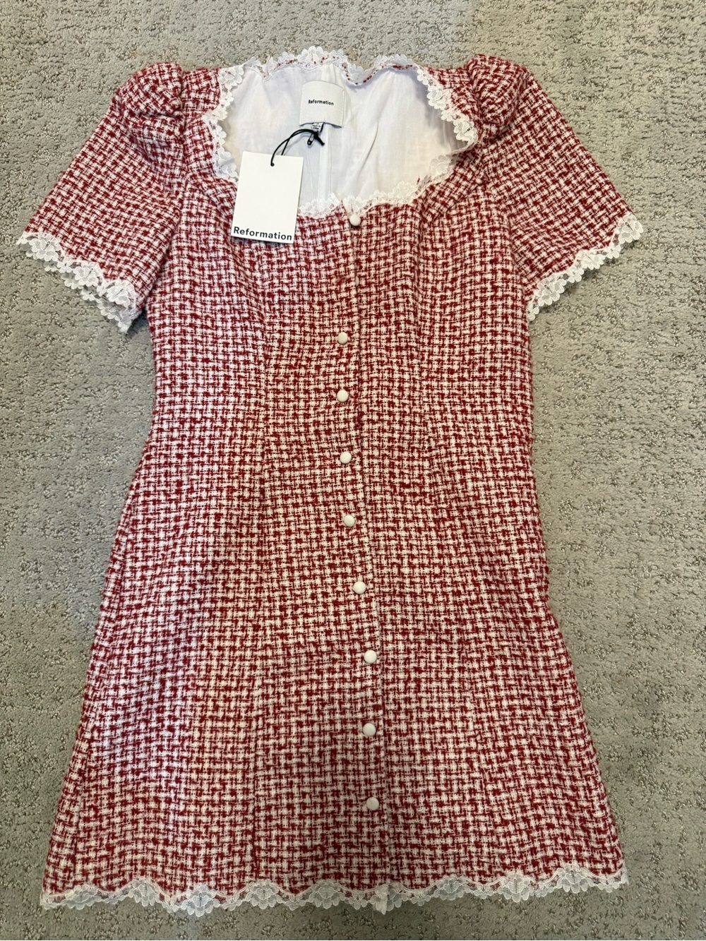 Reformation White Dress with Red Stitch Lace Trim